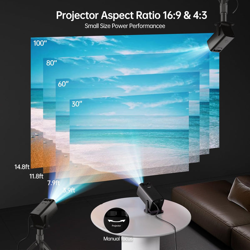 Mini Projector, Full HD 1080P Support Portable Outdoor Movie Projector, Smart Projector Compatible with Smartphone/TV Stick/Laptop/USB/HDMI, Indoor & Outdoor Use Standard System&Black