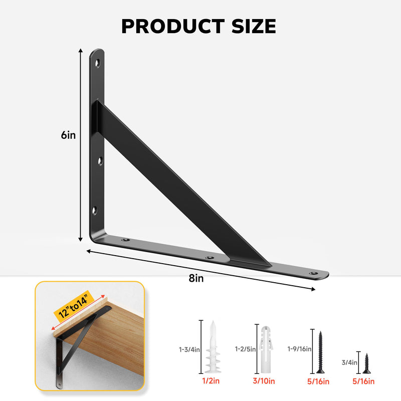 12 Pack 8 Inch Heavy Duty Shelf Bracket, Wall Shelf L Brackets for Floating Shelves, 250 LBS Max Load, Mounting Hardware Include, Black 8 Inch x 6 Inch 12