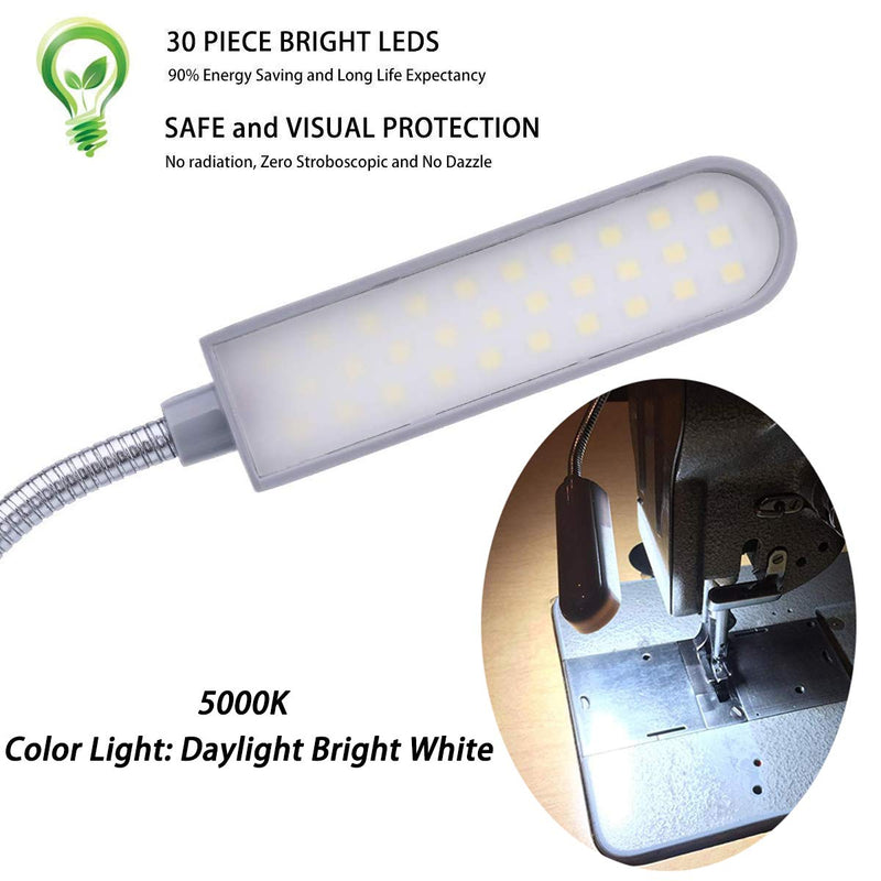 Sewing Machine Light LED Lighting (30LEDs) 6 Watt Multifunctional Flexible Gooseneck Arm Work Lamp with Magnetic Mounting Base for Workbench Lathe Drill Press Gray Silver