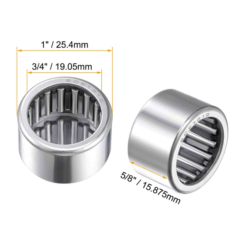 uxcell SCE1210 Needle Roller Bearings, Drawn Cup Open End, 3/4-inch Bore 1-inch OD 5/8-inch Width 12800N Static Load 17500N Dynamic Load 2pcs 3/4x1x5/8"