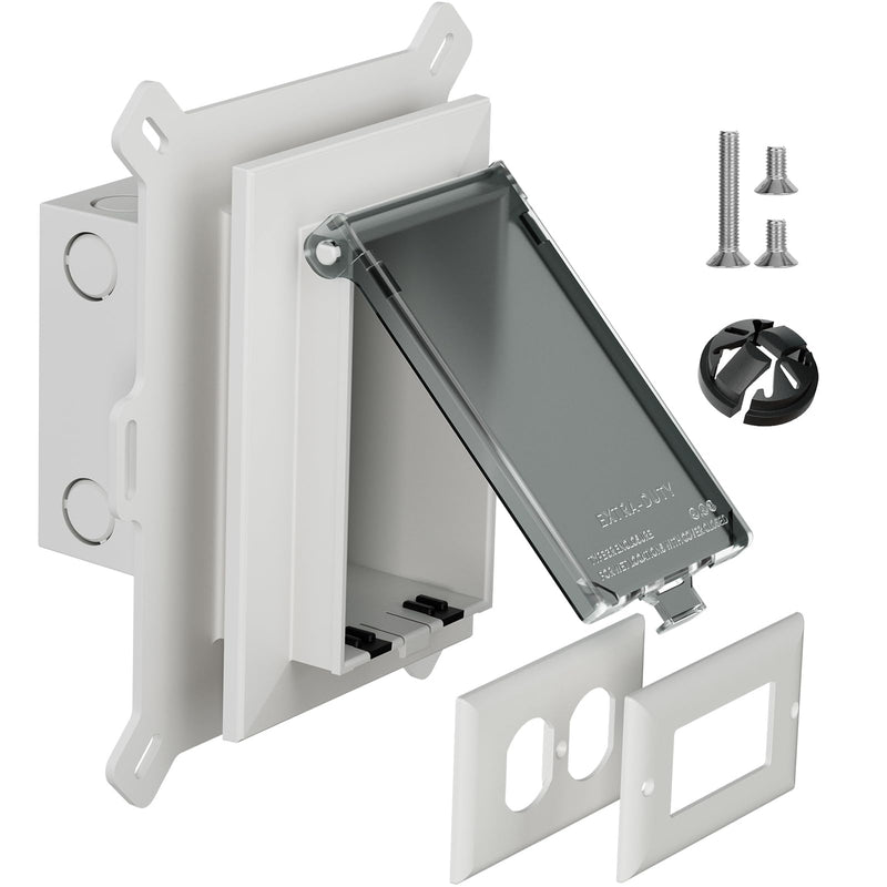 Recessed Outlet Box, DBVS1C-1 Low Profile Electrical Outlet Box, Wall Plate Kit for New Vinyl Siding, Enclosed Weatherproof Outlet Box with Duplex & Decorator Style Covers, 1-Gang, Vertical, Clear Vertical; 1-Gang