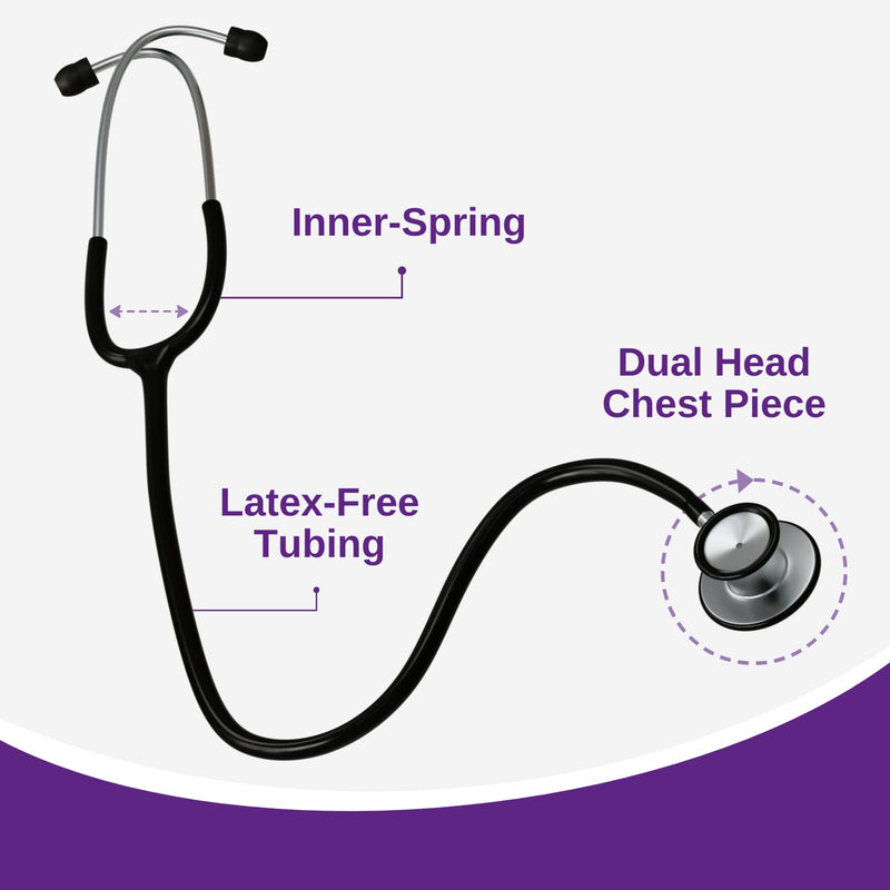 HCS Stethoscope, Premium Stainless Steel - Medical Grade, Dual Head Stethoscopes for Nurses, Doctors, Veterinary - 22 inch Tubing (Black) Black