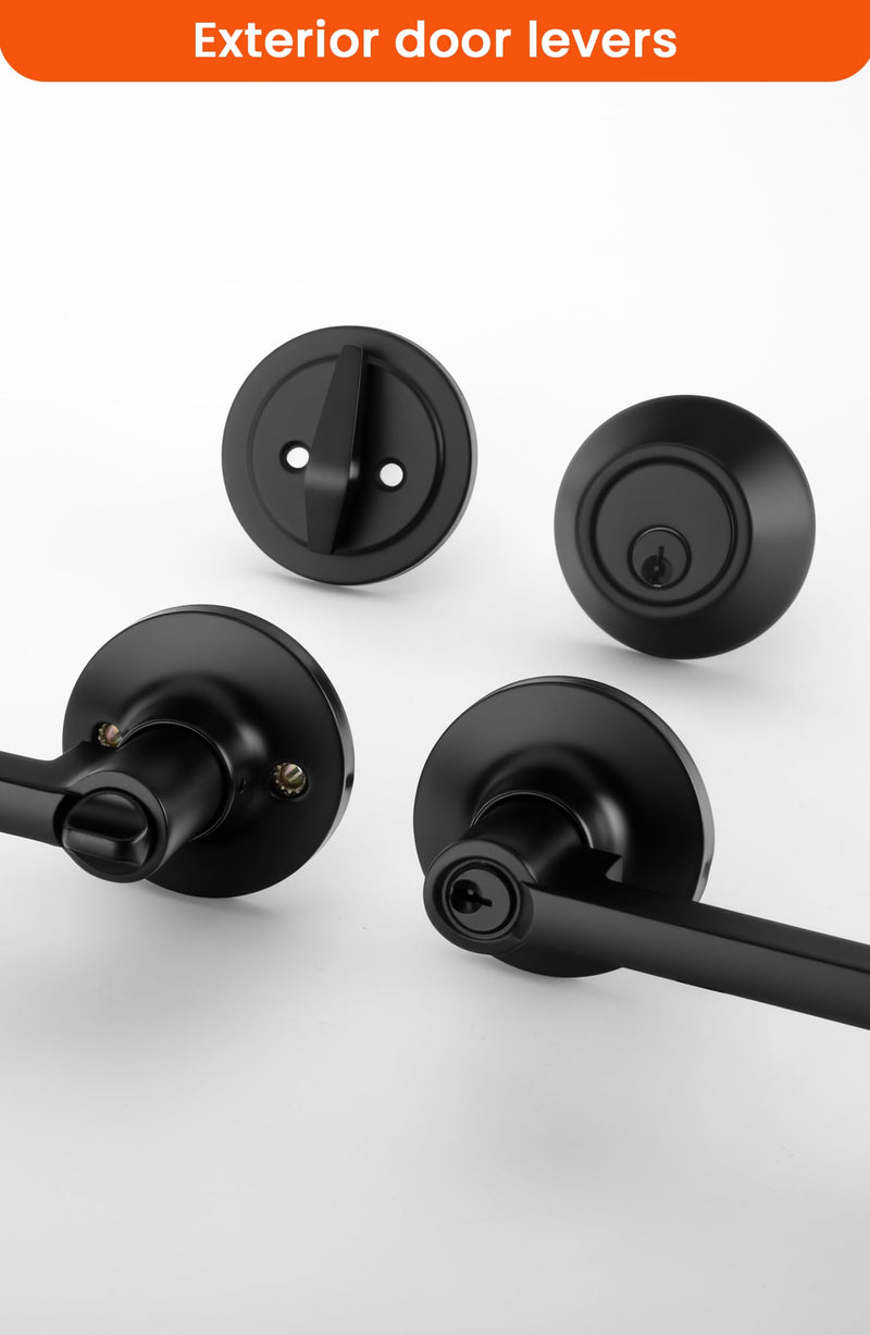 Haidms Black Exterior Door Handle Set with Deadbolt, Front Door Lock Set, Matte Black Door Lever and Single Cylinder Deadbolt, Entry Door Locksets, Heavy Duty Zinc Alloy 1 Pack Lever&Deadbolt