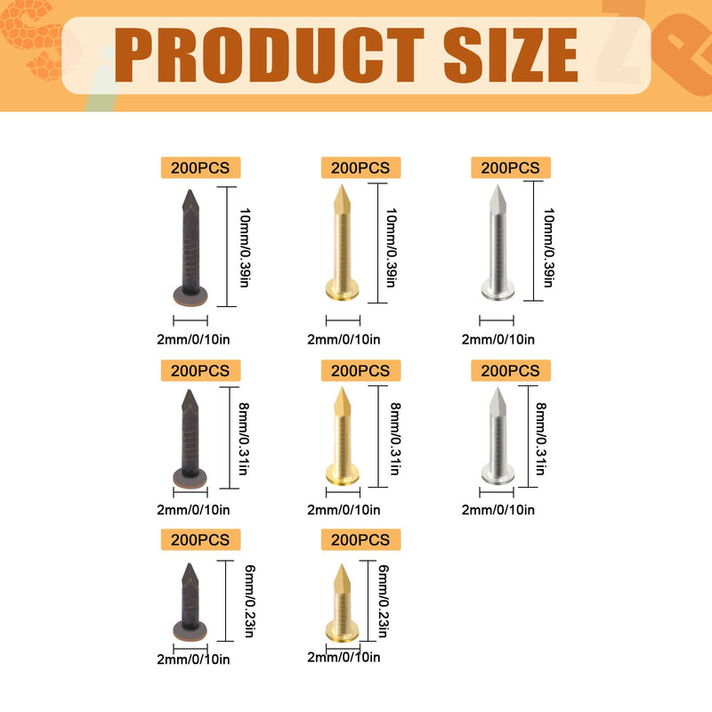 Tanstic 1600Pcs Small Tiny Nails Kit, 6mm, 8mm, 10mm Tiny Wooden Nails for Wooden DIY Decorative Pictures Mini Boxes Household Accessories (Gold/Bronze/Silver)