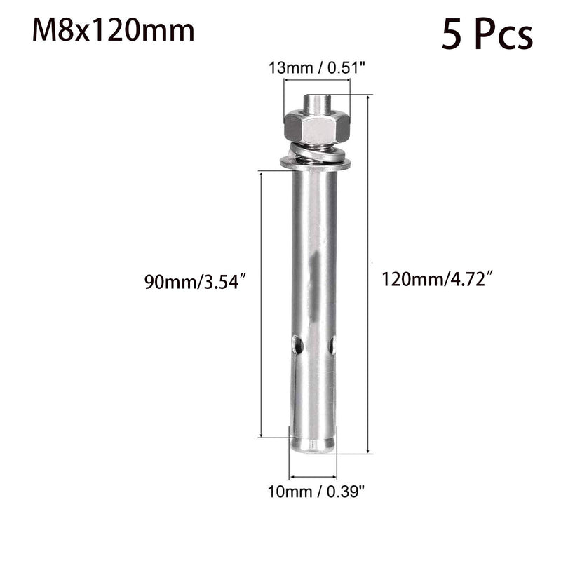 5 Pcs M8 x 120mm 304 Stainless Steel Expansion Bolt External Hex Expansion Screw Bolt Sleeve Anchor，Pool Safety Cover Expansion Bolts，for Concrete, a33600001 M8x120mm