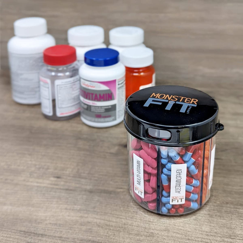 Monster Jr Supplement Pill Dispenser - Holds Small Medium Medication Vitamins and Easily Dispense from One Container Includes Compartment Labels ( 1 Pack) Monster Jr - 1 Pack
