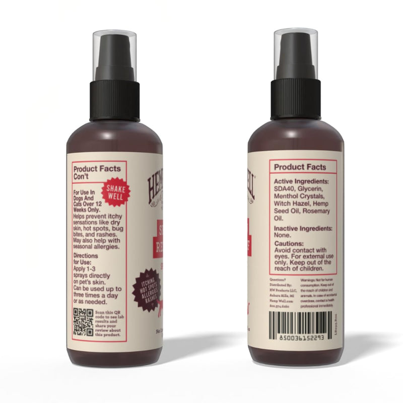 Hemp Well Skin Itch Relief Spray for Dogs and Cats - Hemp Seed Oil, Witch Hazel, Rosemary Oil