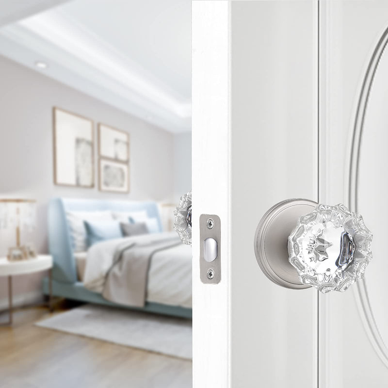 Privacy Glass Door Knobs Interior,Clear Crystal Door Knobs with Lock for Bedroom/Bathroom（Satin Nickel, 1 Pack Privacy 1Pack Satin Nickel