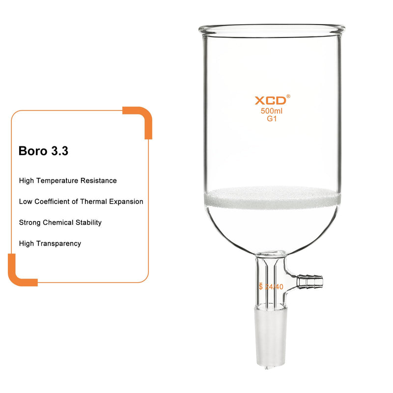 XCD Buchner Funnel with Coarse Frit (G1), 500 ml Borosilicate Glass Buchner Filtering Funnel 24/40 Joint with Vacuum Serrated Tubulation, 94mm ID, 100mm Depth