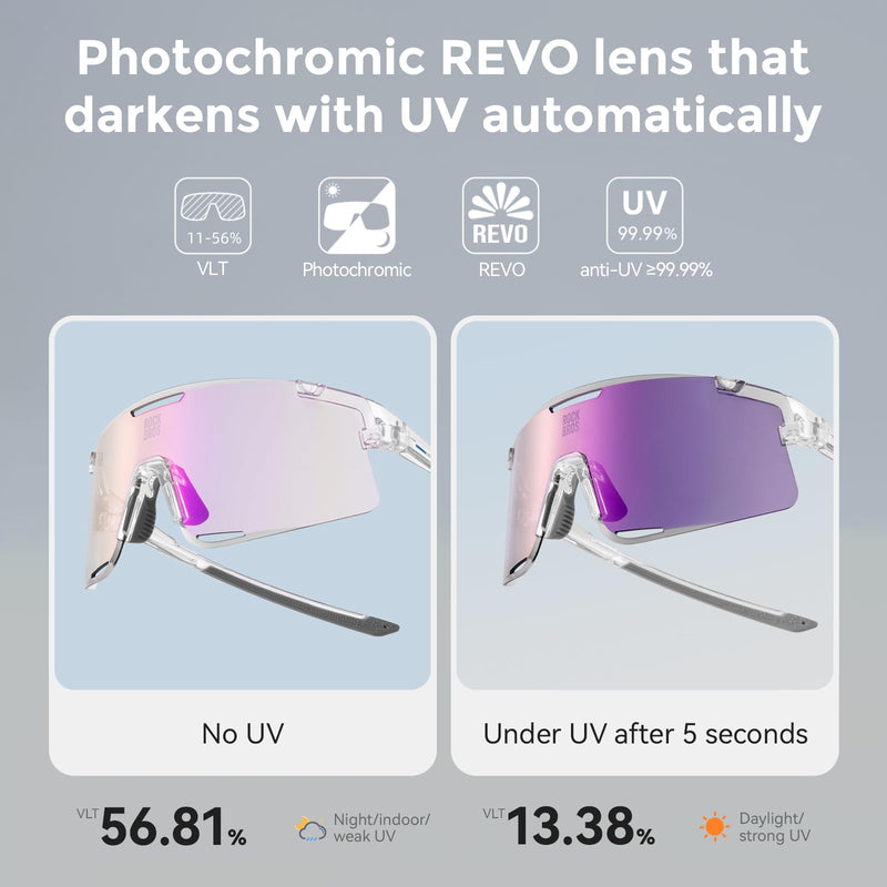 ROCKBROS Performance Cycling Glasses with 3 Interchangeable REVO Lenses, Photochromic, Polarized and Yellow White+pink