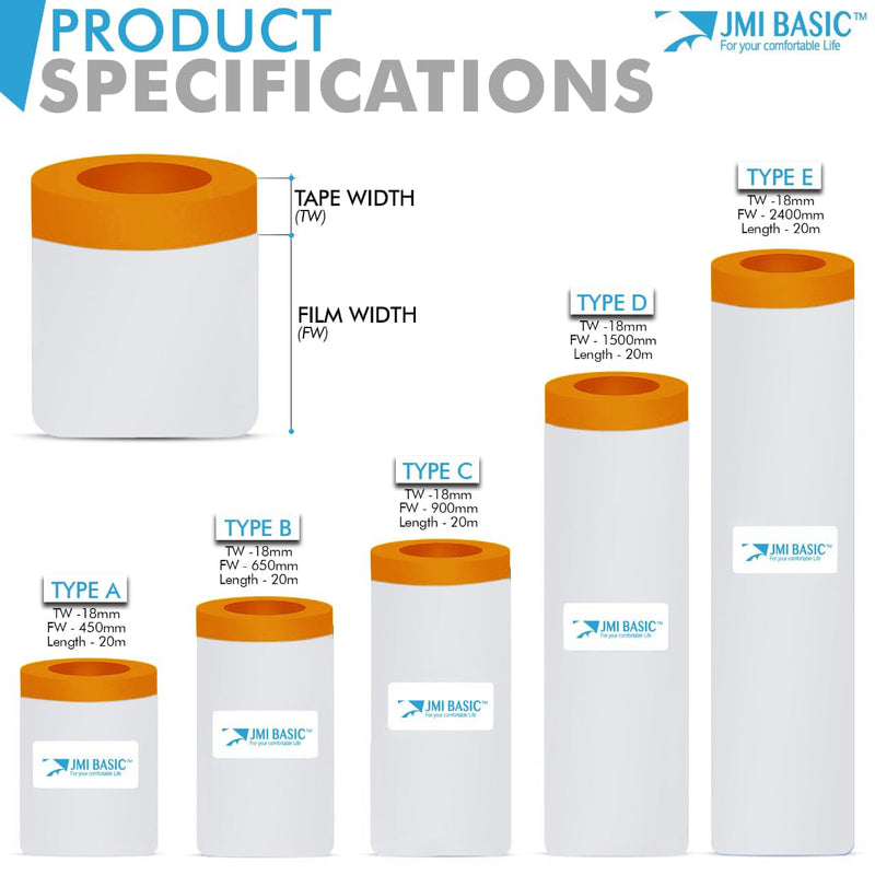 Pre Taped Masking Film Paper – 3-Rolls, Orange Tape and Drape Painters Plastic Sheeting for Painting, High Visibility Paint Plastic Covering Overspray Protection, 35/59/94 Inch x 65Ft