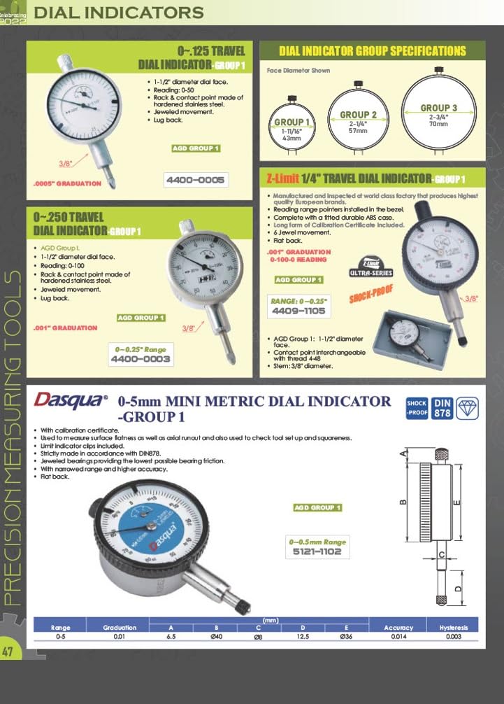 HHIP 4400-1100 Pro Series AGD Group 2" Dial Indicator, .0005" Graduation, 0-100 Reading, 0-1" Range 0-1" Range, .0005" Graduation
