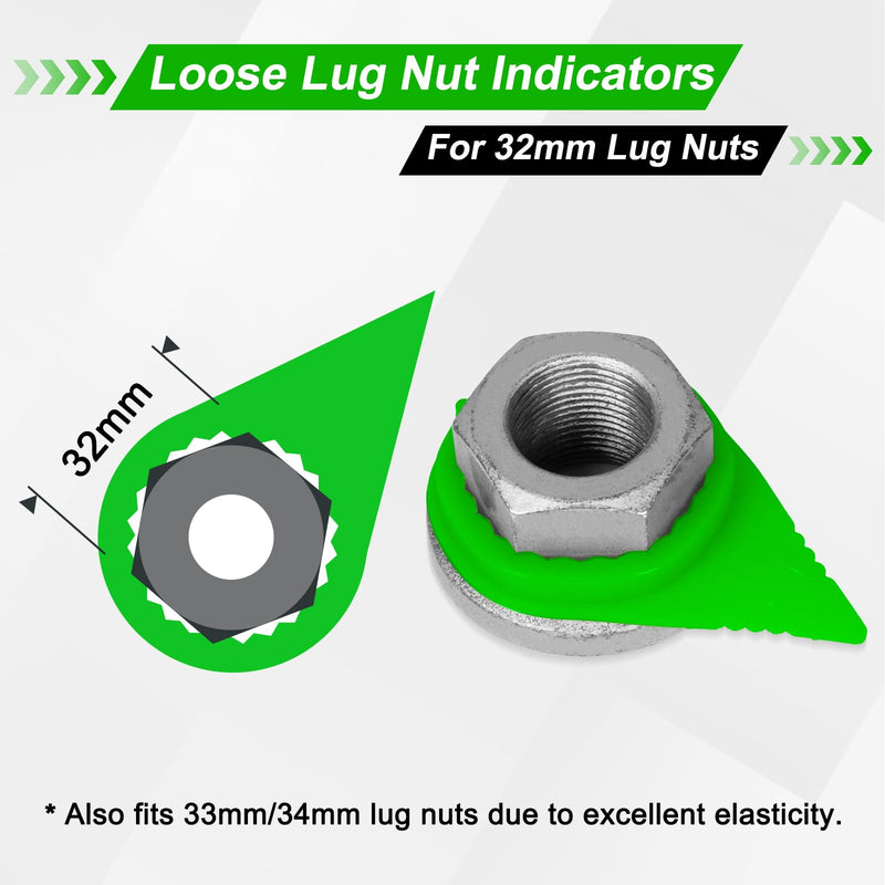 100PCS Loose Lug Nut Indicators for 32mm/33mm/34mm Nuts Wheel Check Indicators for Semi Trucks, High Visibility Green 100 PCS
