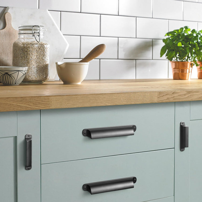 Goo-Ki 6 Pack Cabinet Cup Pulls Matte Black Bin Cup Drawer Pull, 3" c-c Modern Black Cabinet Pulls Solid Dresser Handles Zinc Alloy Kitchen Cabinet Hardware 3 Inches Center-Center