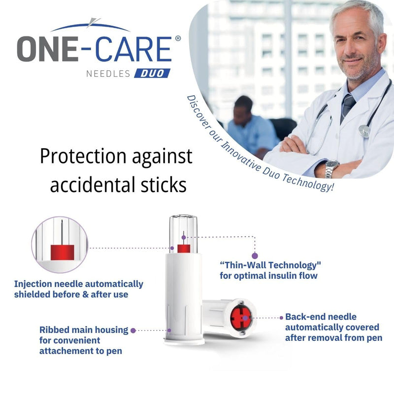 ONE-CARE Duo Safety Pen Tips 30G x 5/16'' (8mm), Dual Shield Auto Protection, Universal Fit, Sterile, 100/bx, Comfortable