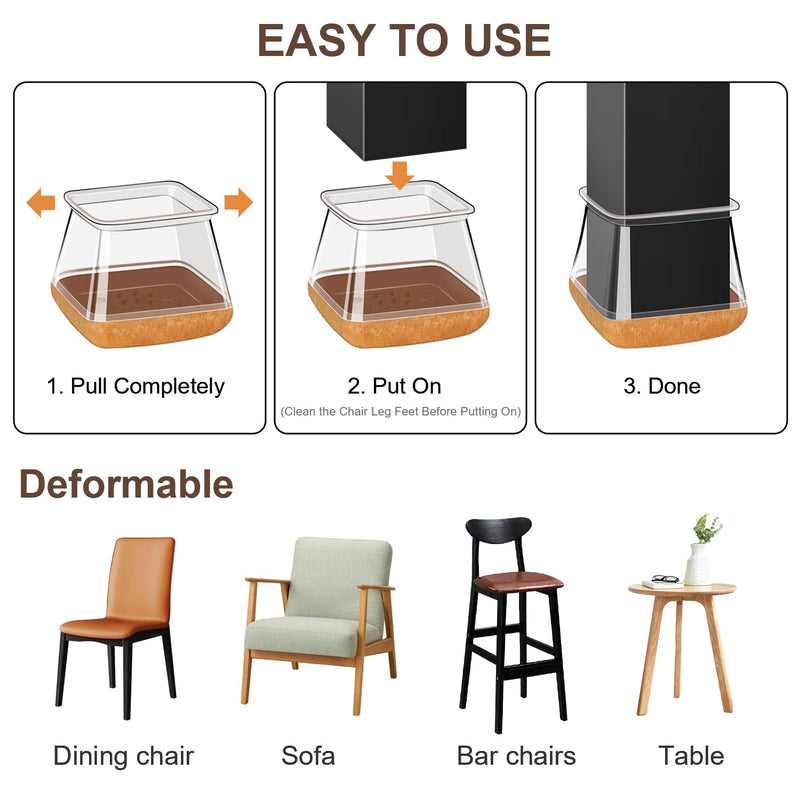 OCONDA 40 Pcs Chair Leg Floor Protectors for Hardwood Floors, Clear Rubber Furniture Sliders with Felt, Silicone Furniture Leg Caps Covers (Fit Square Diameter:1-1/16" to 1-7/16") Square-Large Clear-40pcs
