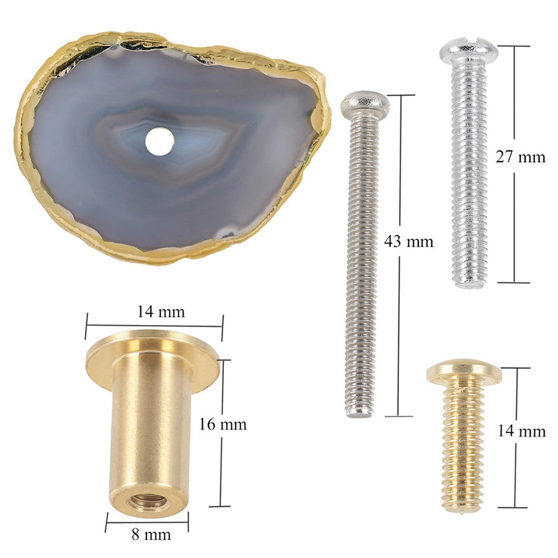 TUMBEELLUWA 4pcs Gray Agate Slice Cabinet Knobs for Dresser Closets Kitchen | Irregular Golden Edge Stones, 27mm & 41mm Stainless Steel Screws, Easy Install DIY Knobs, Boho Home Decor, Housewarming Gift