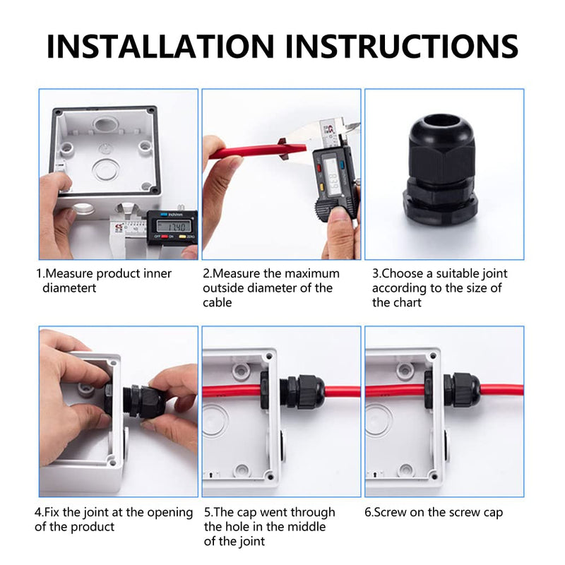AIRIC 3/4" NPT Cable Glands Nylon PA66, IP68 Waterproof Adjustable Power Strain Relief Cord Grips, Junction Box Wire Gland Grip Connectors with Gaskets and Locknut, Black 6 Pcs NPT 3/4" 6pcs