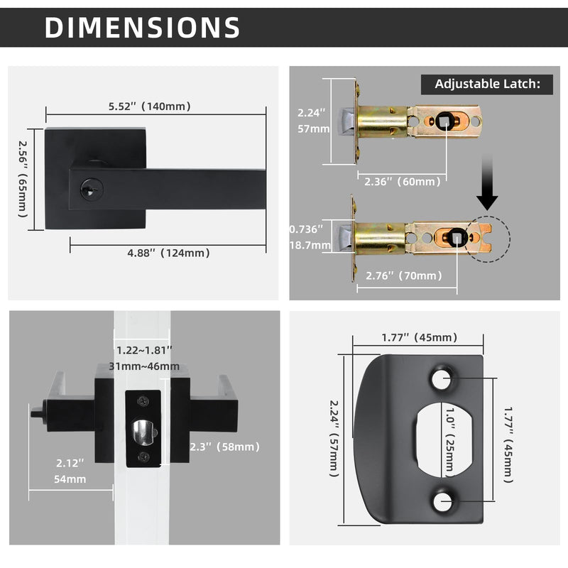JO.KO Entry Door Lock Set, Square Door Lever for Bedroom, Passage Door Privacy Locking Interior/Exterior Entry Door Knob/Heavy Duty 1 Pack Matte Black
