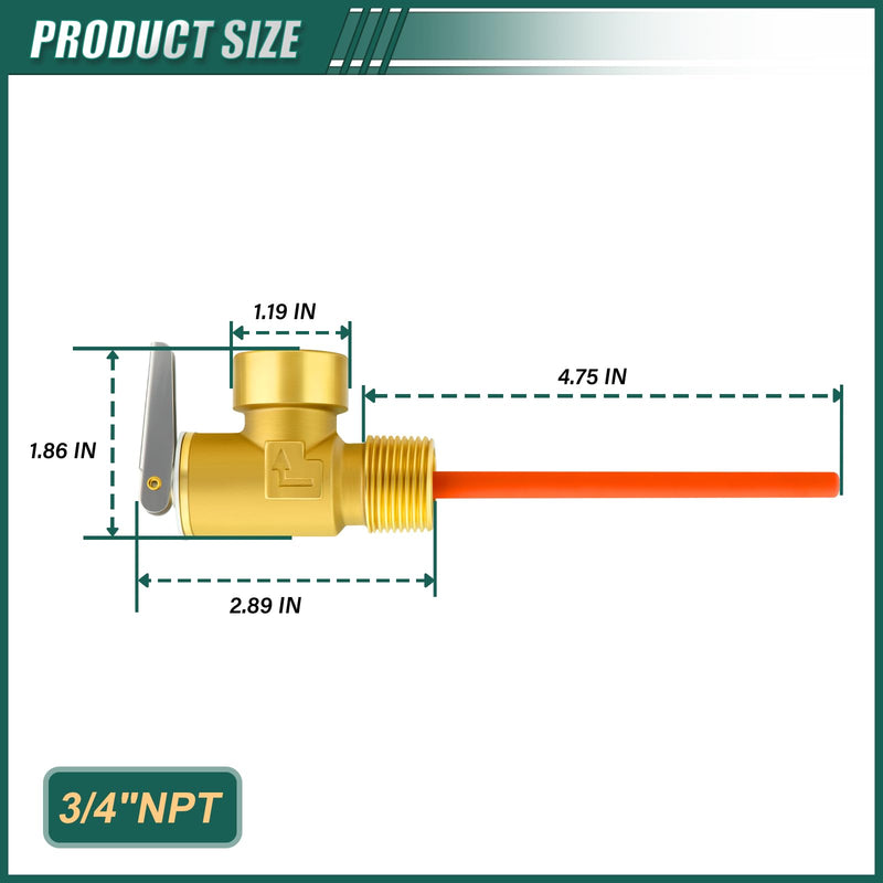 DN20 Brass RV Water Heater Temperature and Pressure Relief Valve,3/4" NPT Thread, 150PSI 210°F, with Extended Epoxy-Coated Probe, for Hot Water Heaters/Tanks 3/4" NPT（Epoxy-Coated Probe）