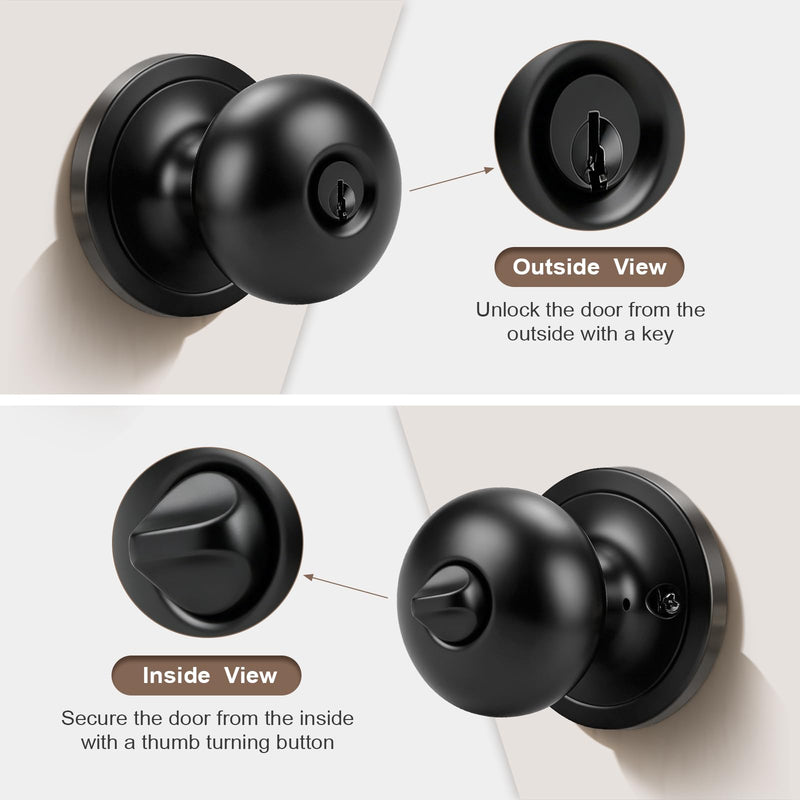 1 Pack Keyed Entry Door Knob with Lock and Key, Matte Black Front Door Lock for Exterior or Interior Doors, Standard Round Door Knobs Classic Design 1 Pack