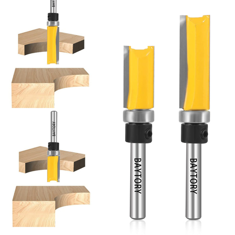 BAYTORY Professional Pattern Flush Trim Router Bit Set with 1/4 inch Shank, 4Pcs 1/2" Cutting Diameter Carbide Bits with Top Bearing Prevent Tear-Out, Template Guide Woodworking Milling Cutter Tool 1/2" Cut Dia.