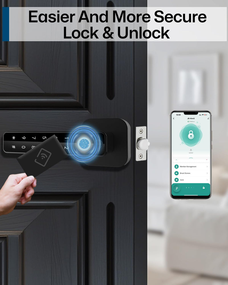 5-in-1 Smart Fingerprint Door Lock,Keyless Entry Digital Knob, Bluetooth App Control, Card and Key, Biometric Door Knob with Handle, Easy to Install for Exterior, Interior, Bedroom Doors
