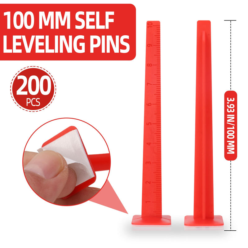 200 Pack 100 MM Leveling Pins, Self-Leveling Stick Pegs for Professional Tile, Stone, Concrete and Flooring Tools(Red)