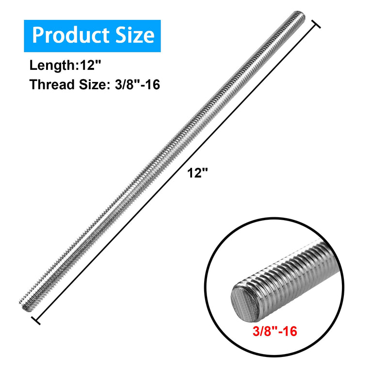 4pcs 3/8"-16 Fully Threaded Rod, 304 Stainless Steel Long Threaded Screw, 12" Length, Right Hand Threads (3/8"-16)