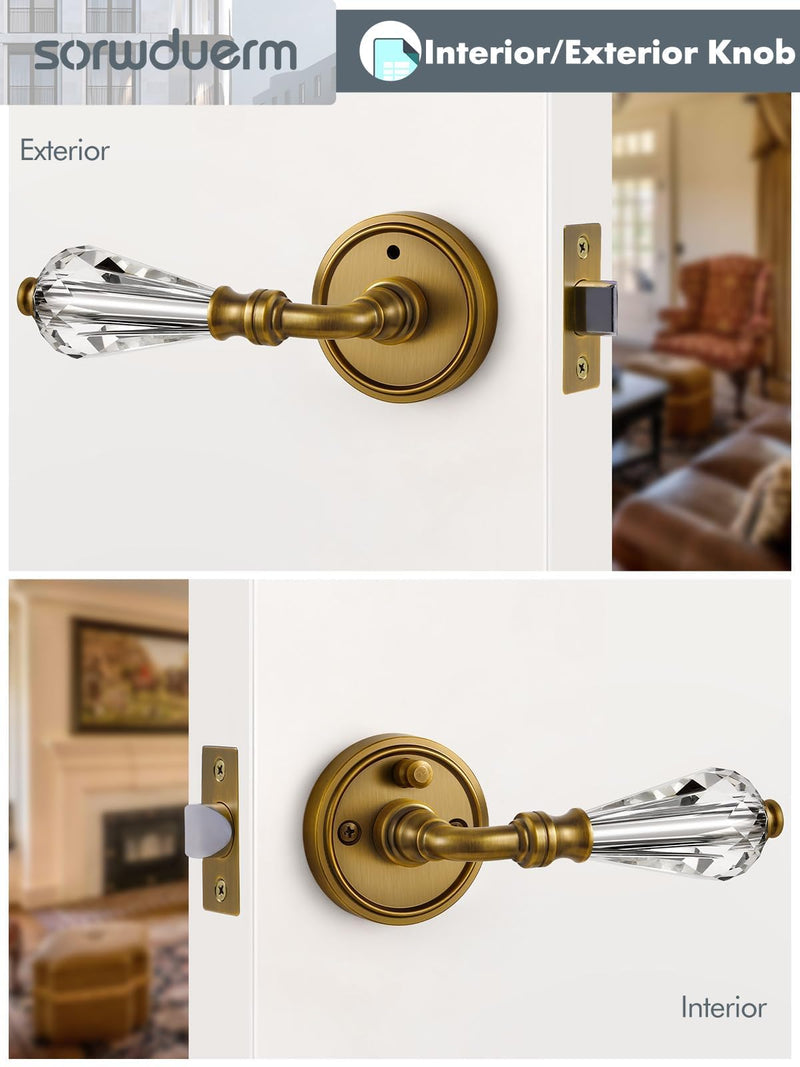 1 Pack Antique Brass Glass Door Lever Privacy Crystal Door Levers Door Lever Interior Door Handle for Bedroom and Bathroom,Zinc Alloy 1