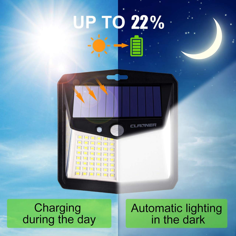 CLAONER Solar Lights Outdoor, [128 LED/4 Packs] Motion Sensor Lights 3 Working Modes for Outdoor with 270° Wide Angle Wireless IP65 Waterproof Security Light for Fence, Patio, Cold White 4 Packs