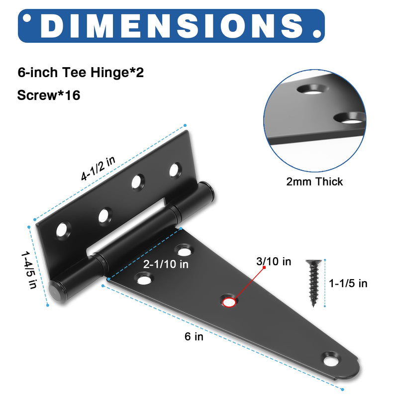 6 Inch T-Strap Shed Door Hinges, 2 Pack Heavy Duty Tee Hinge, T-Gate Hinges, Gate Strap Hinges, Black Wrought Hardware for Wooden Fences, Barn Door, Shed Doors 6 Inch