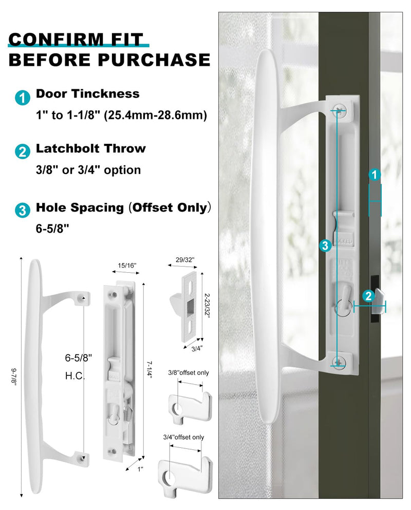 Sliding Patio Door Handle Set, Non-Keyed White Diecast Replacement Handle, Fits 1" to 1-1/8" Thick Sliding Glass Doors, 6-5/8" Hole Spacing, Non-Handed Reversible Design 6-5/8" H.C Non Keyed
