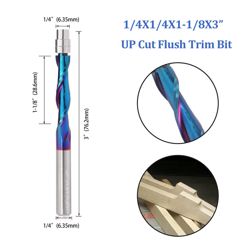 Spiral Flush Trim Router Bit, 1/4 Inch Shank Up Cut Spiral Router Bits , 1-1/8 Inch Cutting Length Solid Carbide CNC Trim Bits with Nano Coating for Woodwork Trimming (2PCS) 2 UpCut