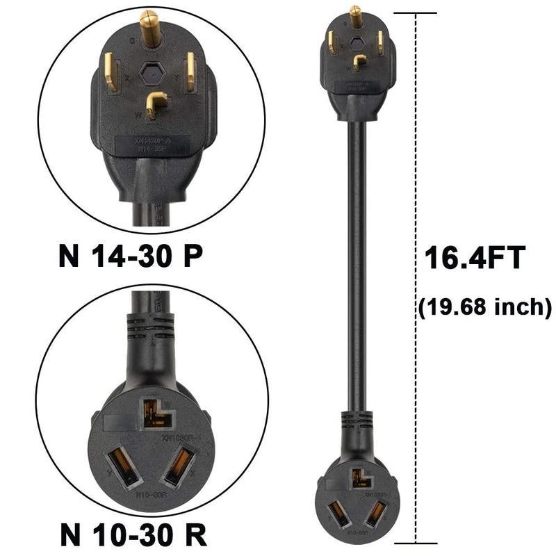 1.5FT 3 Prong to 4 Prong Dryer Adapter, 4 Prong to 3 Prong Dryer Adapter, NEMA 14-30P Male to 10-30R Female, Dryer Cord Adapter 4 to 3 Prong, STW 10AWG, 30A, 250V 10-30P to 14-30R