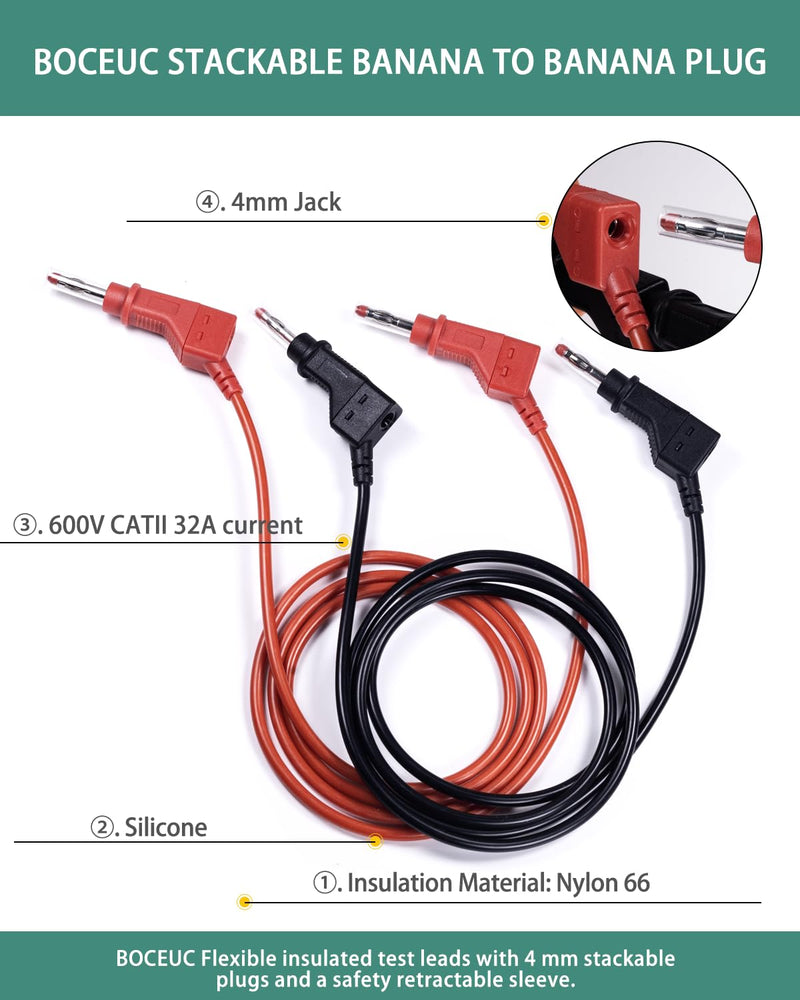 Multimeter Test Leads 4mm Stackable Banana to Banana Plug with Retractable Sleeve 3.3ft Silicone Cable(Red and Black) Multicolored