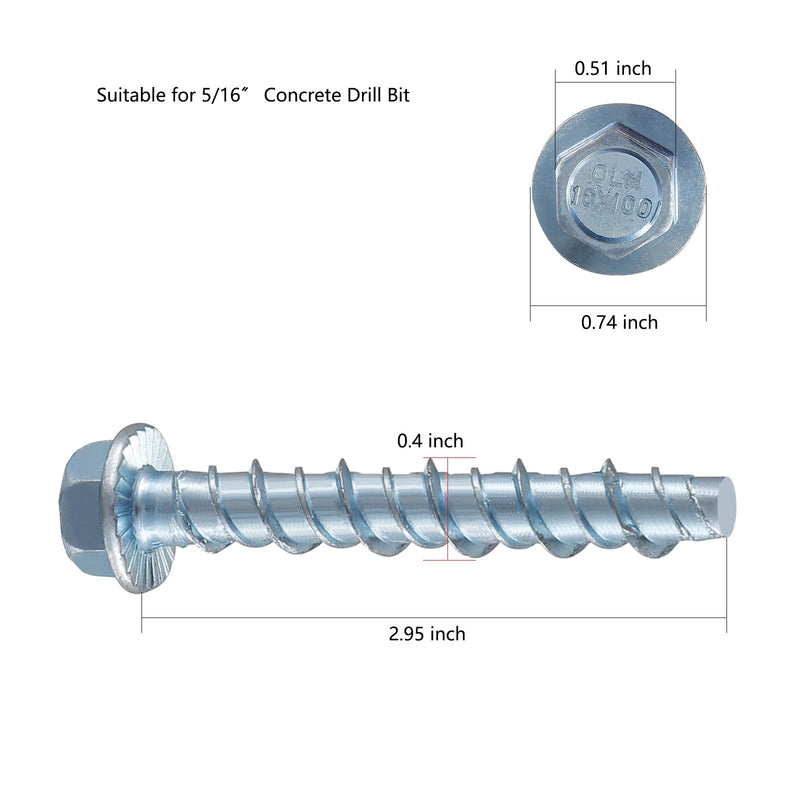 5/16" x 3" Zinc Plated Large Diameter Concrete Screw for Anchoring to Masonry, Brick or Block (10 pcs) 10 5/16" x 3"
