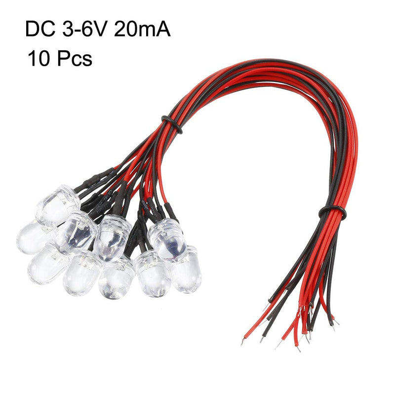 uxcell 10Pcs 10mm Pre Wired LED, White DC3-6V Clear Lens, Light Emitting Diodes