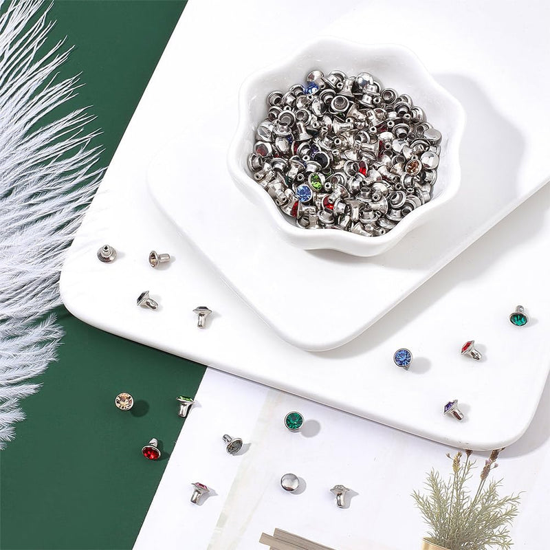 NBEADS 200 Sets Rhinestone Rivets, Brass Crystal Rivets Studs with Pieces Setting Tool Kit Colorful Rivets for Leather Craft DIY Making