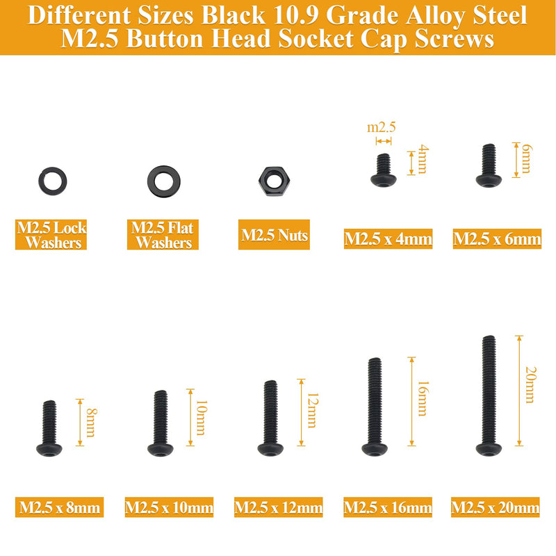 705 Pieces M2.5 Screws Nuts Washers Set Black, Sutemribor M2.5 x 4/6/8/10/12/16/20mm Button Head Socket Cap Screws Nuts Washers Assortment Kit, 10.9 Grade Alloy Steel, Fully Threaded M2.5 Screws Kit
