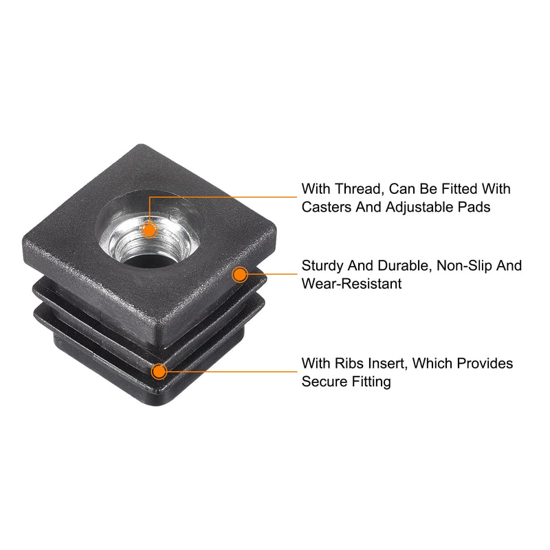 uxcell 4Pcs Inserts for Square Tubes with M8 Thread, for 0.79"x0.79" OD Square Tube, Square Black Plastic Plug Caster Insert Chair End Caps Furniture Leg Plug 0.79"x0.79" 4