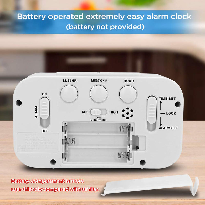 Peakeep Night Light Digital Alarm Clock Battery Operated with Indoor Temperature, Desk Small Clock (White) White