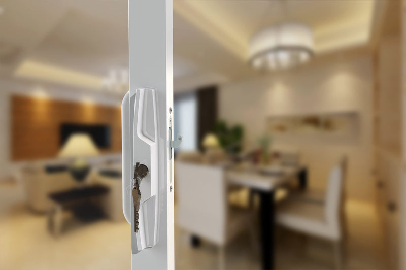 White Patio Door Handle Set with Cylinder Lock,Suitable for Replacement Sliding Patio Doors Lock 3-15/16”Screw Hole Spacing.Choices That Add a Unique to Your Patio Glass Sliding Door. White