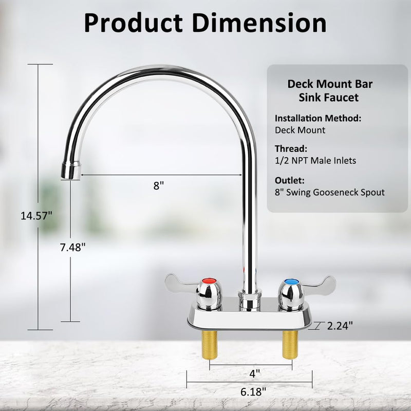 Commercial Bar Sink Faucet with 8" Gooseneck Spout, 4 Inch Center Deck Mount Hand Sink Faucet for Laundry, Restaurant, Utility Sink, Brass Constructed