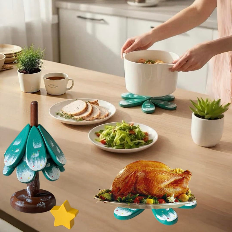 Christmas Tree Shaped Coasters and Trivet Set, 3-Piece Folding Wooden Mat for Drinks,Plates,Pots,Automatic Unfolding Design Table Protection Coasters Practical Gift Idea for Christmas