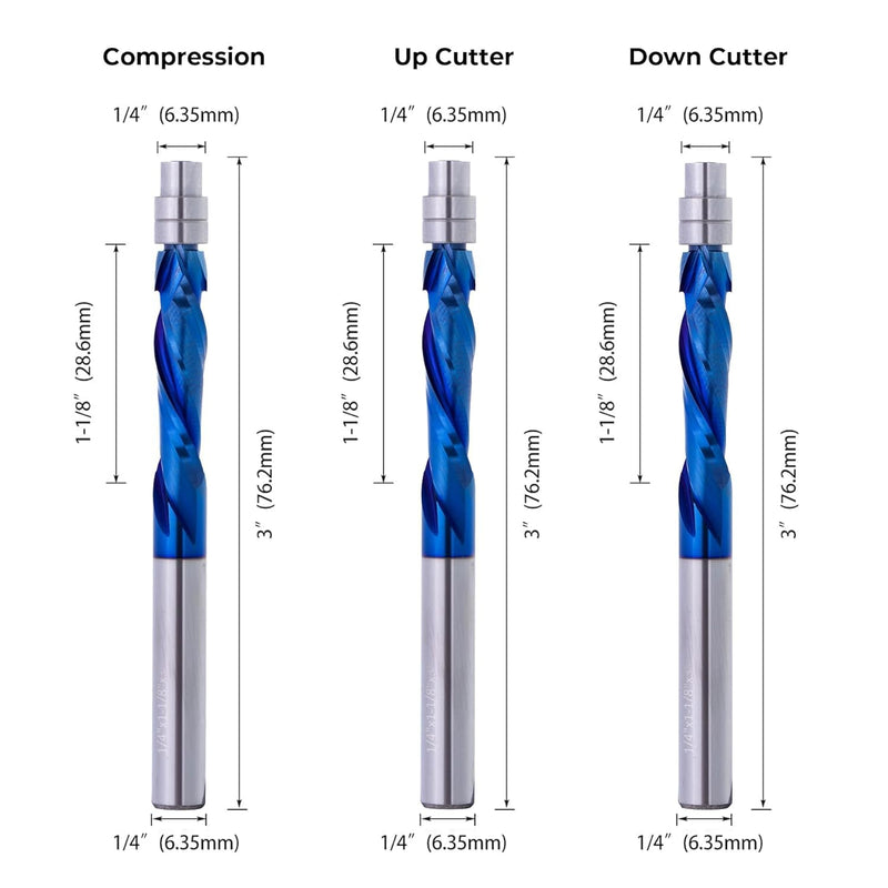 2 Pcs Compression Cut Spiral Flush Trim Router Bit, 1/4" Dia.1-1/8" Cut Length 1/4SHK.& 3" OAL, Up&Down Cut Solid Carbide CNC Bit with Nano Coating for Wood Trimming 2