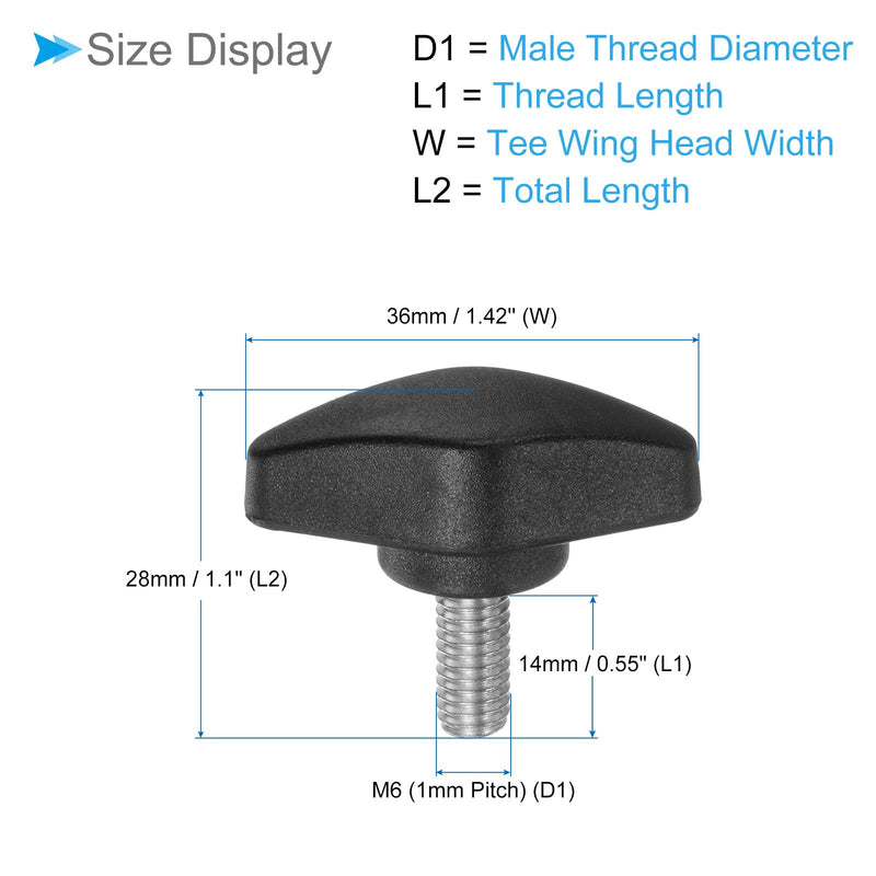 Tee Wing Knobs Thumb Screw, M6 x 14mm Male Thread, Plastic T Thumb Clamping Screw Threaded Stud Hand Knobs Grip, (Applications: for Machinery Lathes), 4-Pieces