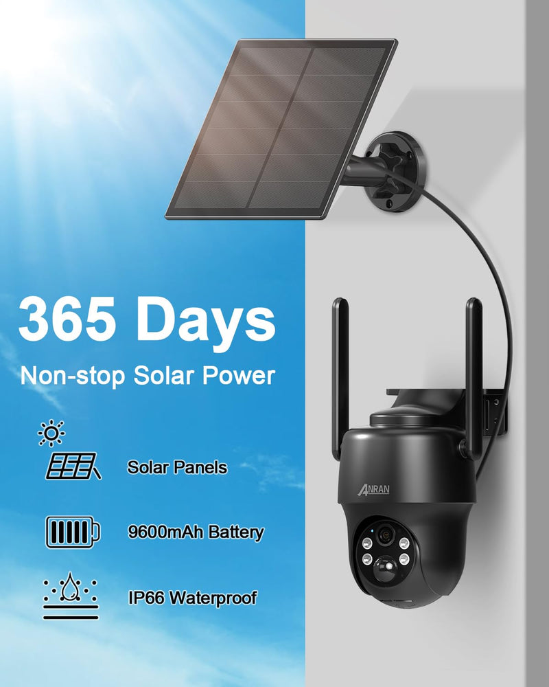 ANRAN 4G LTE Cellular Solar Security Camera Wireless Outdoor,No WiFi 2K Solar Powered Camera,Color Night Vision,360° Live View, PIR Motion Sensor,2 Way Talk,Black (SIM Card & 32GB SD Card Included) Black