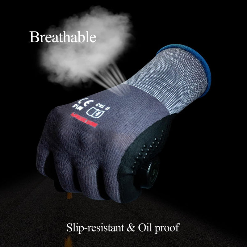Gasoline Safety Work Gloves Extra Micro-Foam Nitrile Coated-12 Pairs,Endurance Seamless Knit Nylon Spandex,Dots on Palm, Dot Grip Gloves，Work Gloves Men and Women (12, L) 12 Large