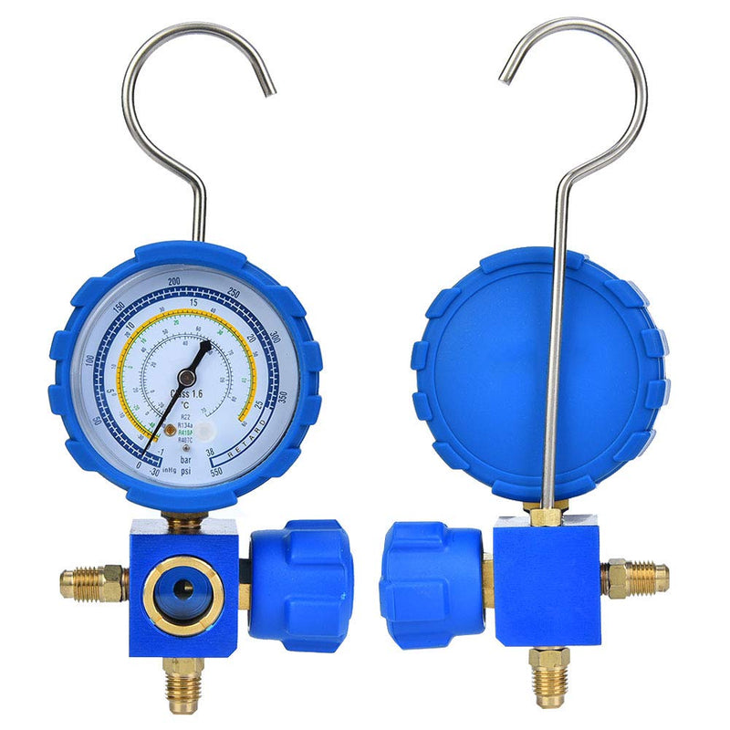 AC Manifold Set, Professional Low Pressure A/C Refrigeration Tool with Visual Mirror Sight Glass for HVAC Technicians Blue G1/4 Inch 68mm
